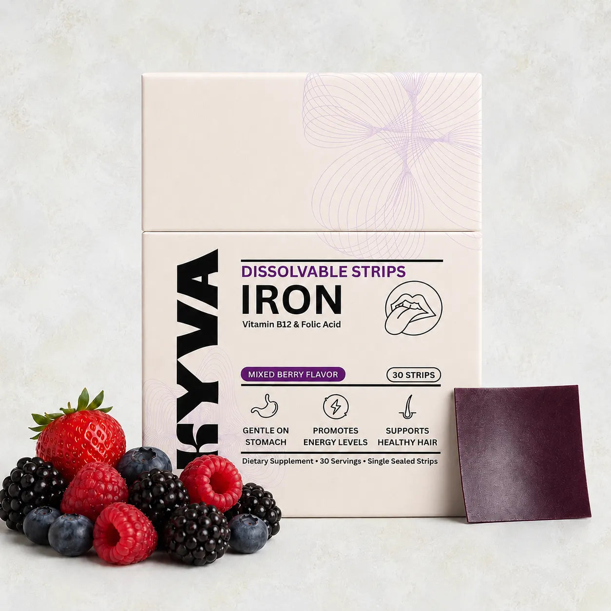 KYVA Dissolvable Iron Strips in mixed berry flavor